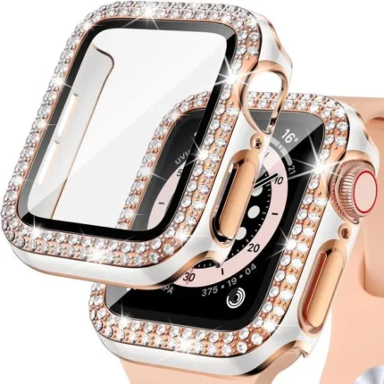 45mm series 7 - rose blanche - Verre + couvercle pour Apple Watch, accessoires iWatch en diamant + protecteur