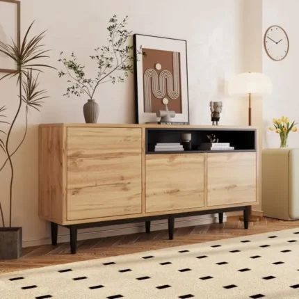 Buffet Salon Style Industriel- Meuble d'entrée 3 Portes - Armoire de Cuisine avec étagère 160x35x76cm Rustique Bois Naturel