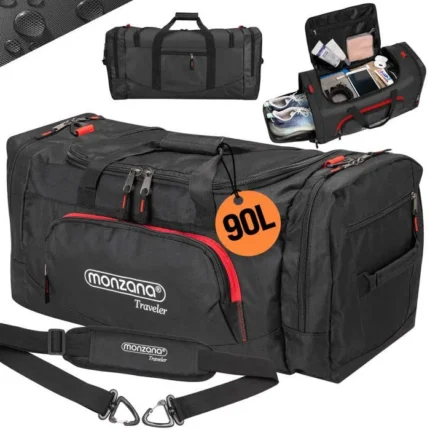 MONZANA® Sac de sport ou de voyage Noir 65x32x33 cm compartiment chaussure & humide 90L transport Fitness Gym Dufflebag