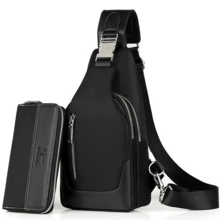 Sacoche Bandouliere + Portefeuille Homme Set Sac Poitrine Étanche Tissu Sling épaule Sac de Travail Achats Voyage Cadeau d'Fête