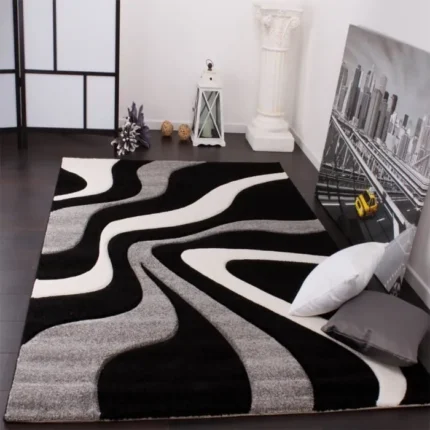 Tapis moderne design - Gris Noir Blanc - 80 x 300 cm - Motif Vagues - Polypropylène - Intérieur - PACO HOME